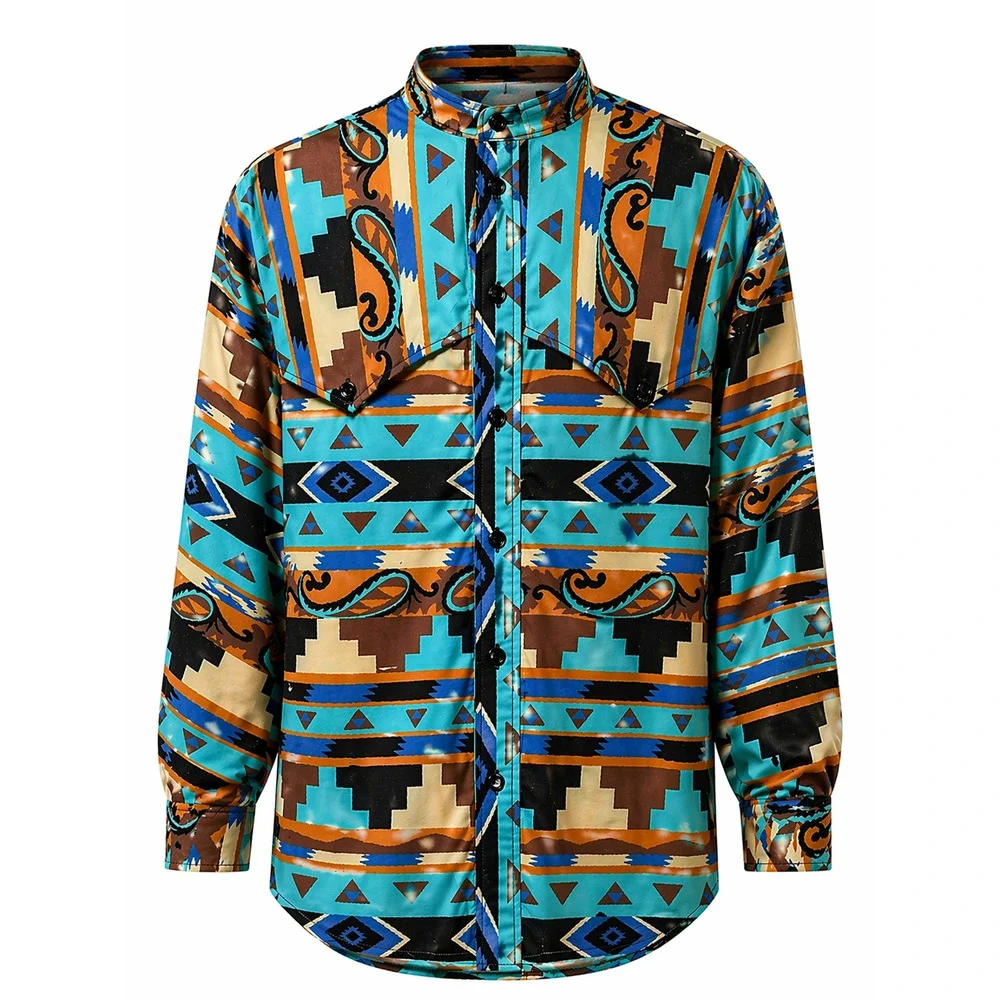 Cowboy Western Rodeo Aztec Shirt Ranch Button Up Bold Print Stand Collar Large - Picture 1 of 8
